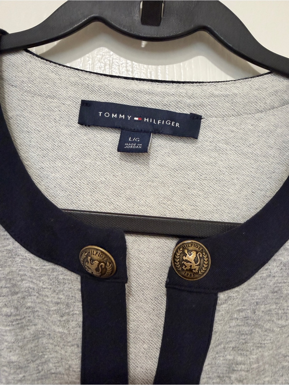 Tommy Hilfiger Open Front Cardigan Jacket Large Gray Navy Trim Gold Button - Picture 2 of 5